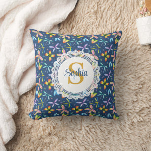 Waterverf Libelle Bloem & Monogram Navyblauw Kussen
