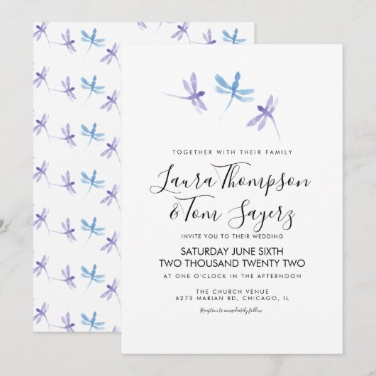 Waterverf Libelle Elegant Schrift Huwelijk  Kaart (Voorkant / Achterkant)