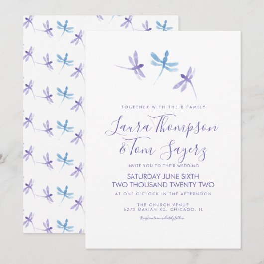 Waterverf Libelle Elegant Script Bruiloft Kaart (Voorkant / Achterkant)