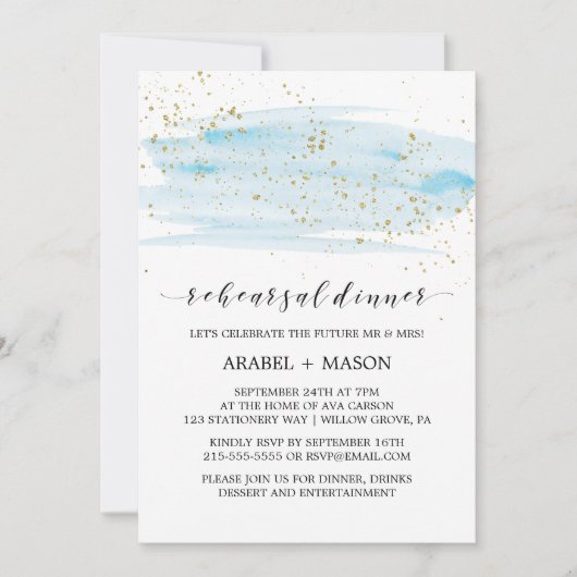 Waterverf Licht blauw en goudrepetitie Dinner Kaart (Voorkant)