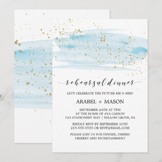 Waterverf Licht blauw en goudrepetitie Dinner Kaart (Voorkant / Achterkant)