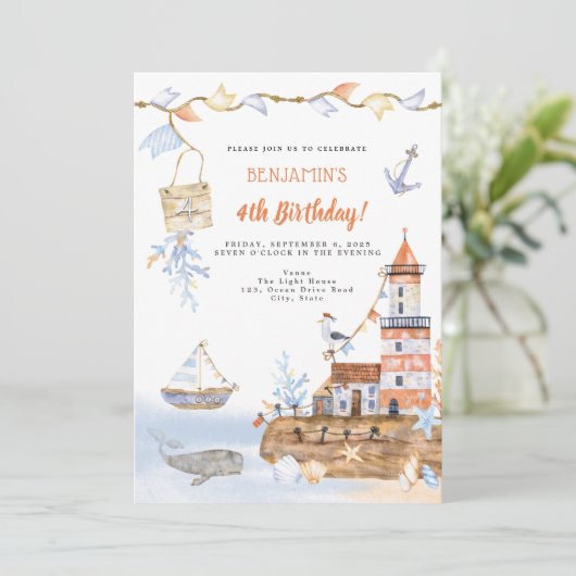 Waterverf Licht Huis Nautical 4th Birthday Kaart (Staand voorkant)