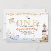Waterverf Licht huis Nautical Boy 1st Birthday Kaart (Voorkant)