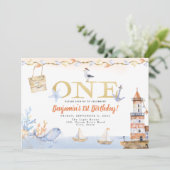 Waterverf Licht huis Nautical Boy 1st Birthday Kaart (Staand voorkant)