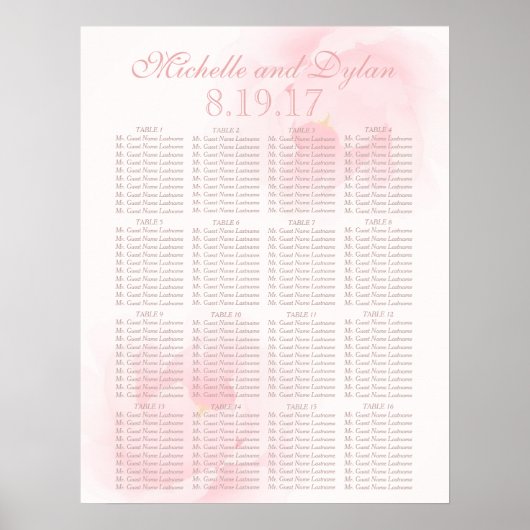 Waterverf Licht roze pony Wedding Seating Chart Poster (Voorkant)