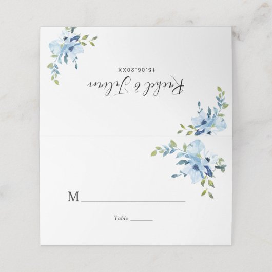 waterverf lichtblauw bloemenbruiloft plaatskaartje (Buitenkant ongevouwen)