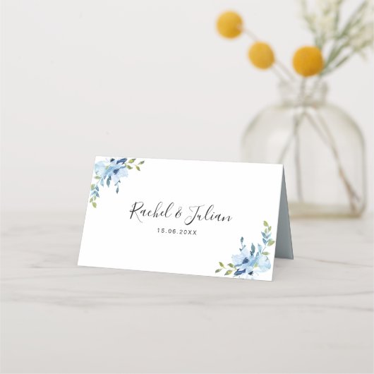 waterverf lichtblauw bloemenbruiloft plaatskaartje (Achterkant)
