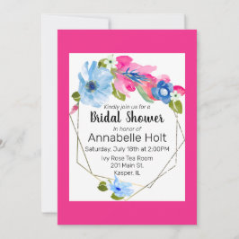 Waterverf Lichtblauw Heet Roze Bloemen Goud Lijst Kaart