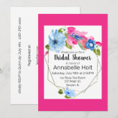 Waterverf Lichtblauw Heet Roze Bloemen Goud Lijst Kaart (Voorkant / Achterkant)