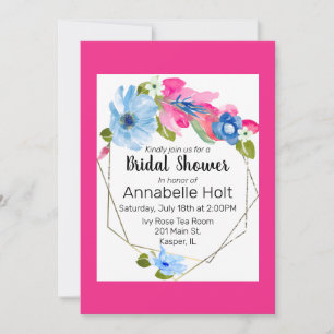 Waterverf Lichtblauw Heet Roze Bloemen Goud Lijst Kaart