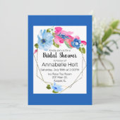 Waterverf Lichtblauw Heet Roze Bloemen Goud Lijst Kaart (Staand voorkant)