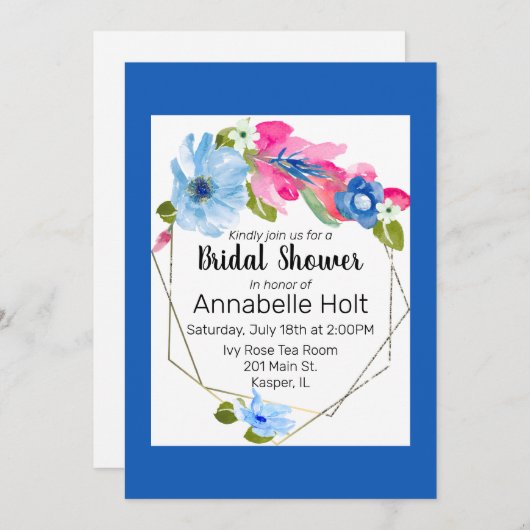 Waterverf Lichtblauw Heet Roze Bloemen Goud Lijst Kaart (Voorkant / Achterkant)