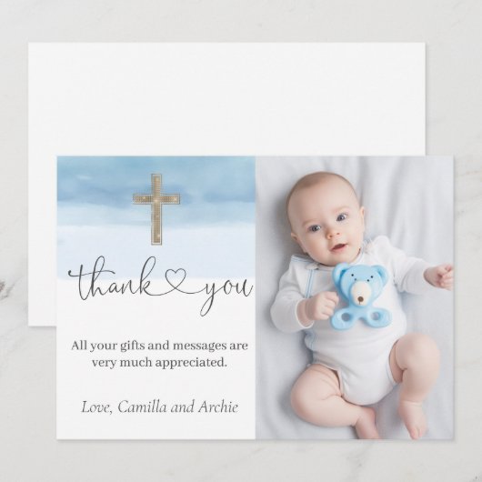Waterverf Lichtblauw Jongensdoop Bedankkaart (Voorkant / Achterkant)