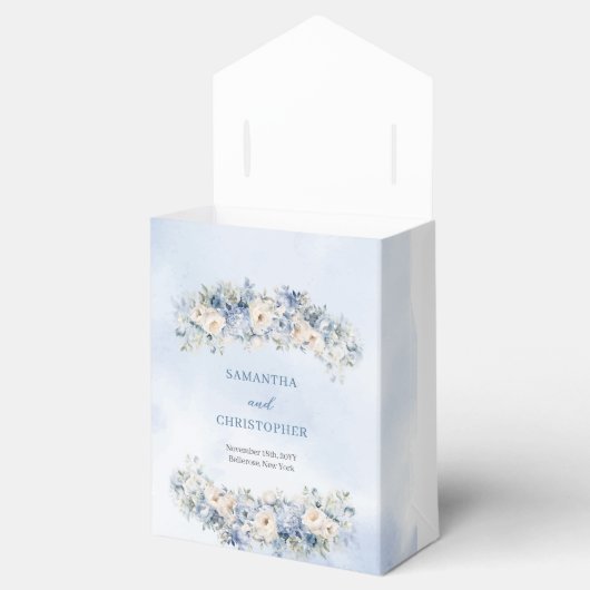 Waterverf lichtblauw & witte rozen groene bruiloft bedankdoosjes (Geopend)