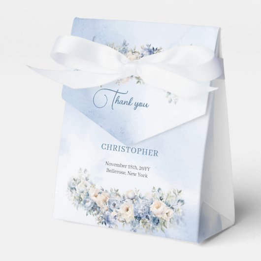Waterverf lichtblauw & witte rozen groene bruiloft bedankdoosjes (Voorkant Zijde)
