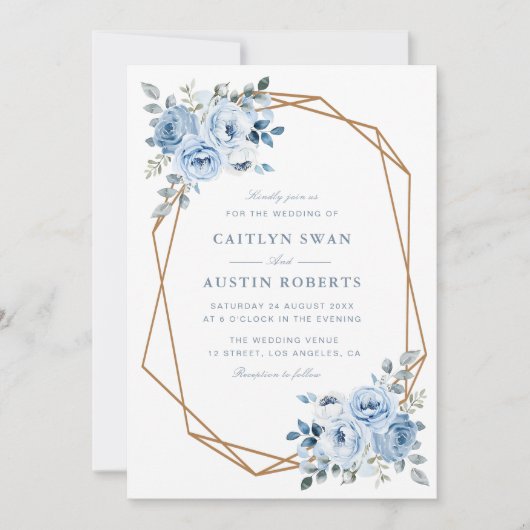 waterverf lichtblauwe bloemen geometrische bruilof kaart (Voorkant)