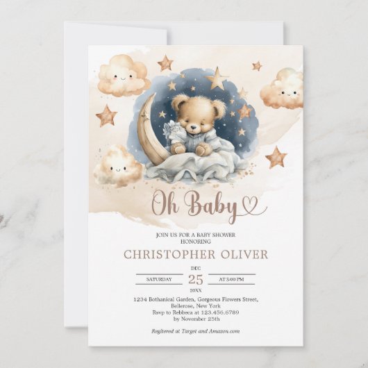 Waterverf lichtbruin blauw slapende teddybeer kaart (Voorkant)