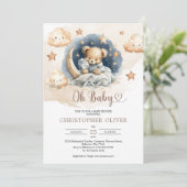 Waterverf lichtbruin blauw slapende teddybeer kaart (Staand voorkant)