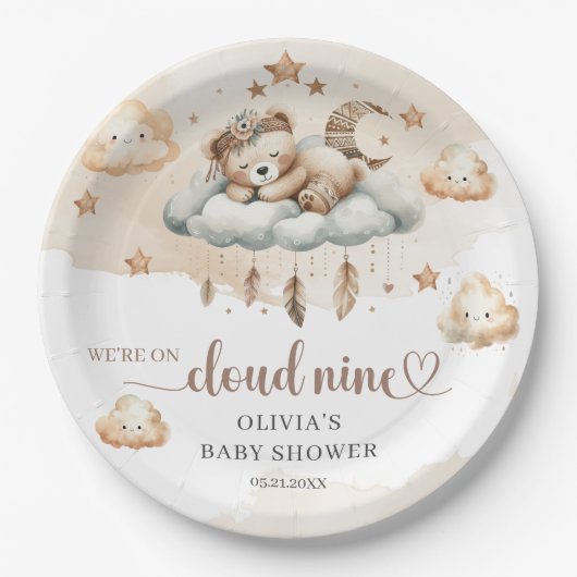 Waterverf lichtbruine ivoorwolk Negen teddybeer Papieren Bordje (Voorkant)