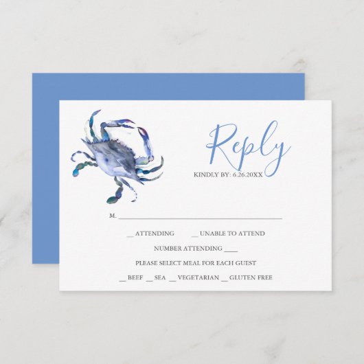 Waterverf Lichte blauwe krab Reply RSVP-kaarten RSVP Kaartje (Voorkant / Achterkant)