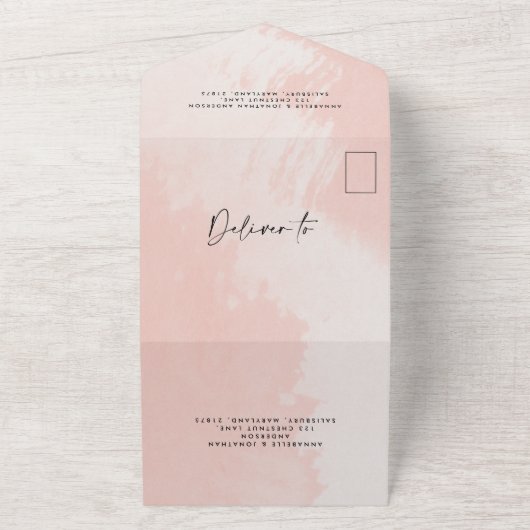 Waterverf lichtroze en witte, stijlvolle bruiloft all in one uitnodiging (Buitenkant)