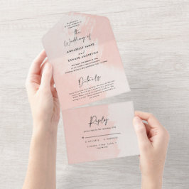 Waterverf lichtroze en witte, stijlvolle bruiloft all in one uitnodiging