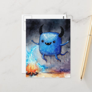 Waterverf Lief Blauwe Monster en een Kampvuur Briefkaart