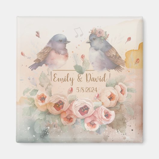 Waterverf liefde vogels met rozen voor bruiloft magneet (Voorkant)