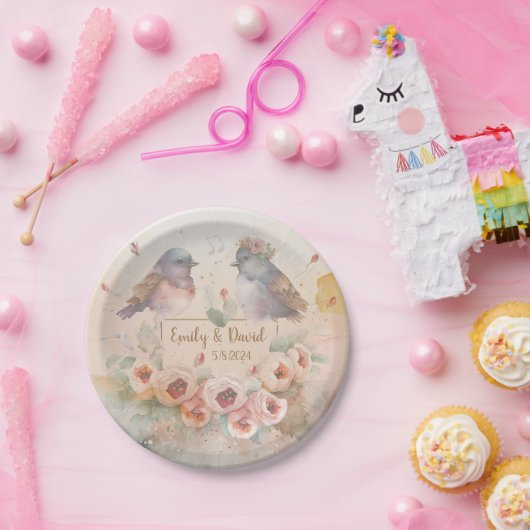 Waterverf liefde vogels met rozen voor bruiloft papieren bordje (Feest)