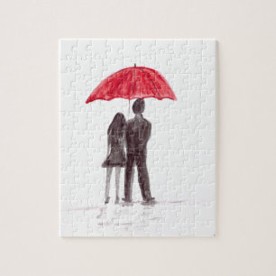 Waterverf liefdeskoppel rode paraplu legpuzzel