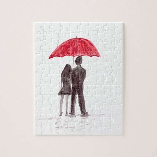 Waterverf liefdeskoppel rode paraplu legpuzzel (Verticaal)