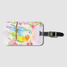 Waterverf Liefdesvogels met Roze Bloemen Bagagelabel