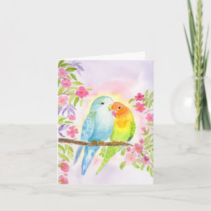 Waterverf Liefdesvogels met Roze Bloemen Kaart