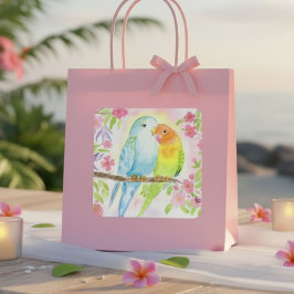 Waterverf Liefdesvogels met Roze Bloemen Vierkante Sticker