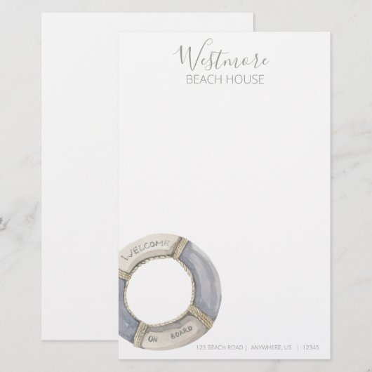 Waterverf Life Preserver Beach House Briefpapier (Voorkant / Achterkant)