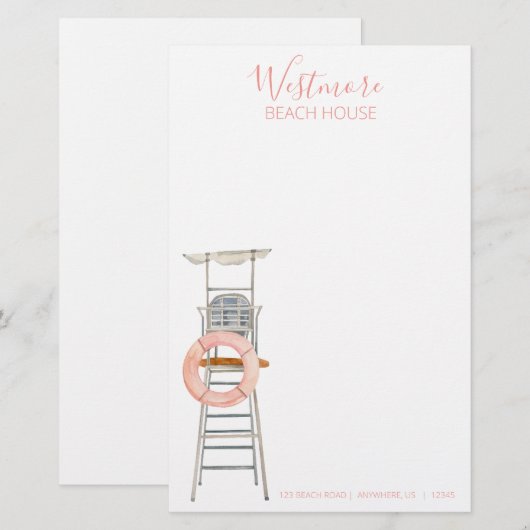 Waterverf Lifeguard Stand Stoel Beach House Briefpapier (Voorkant / Achterkant)
