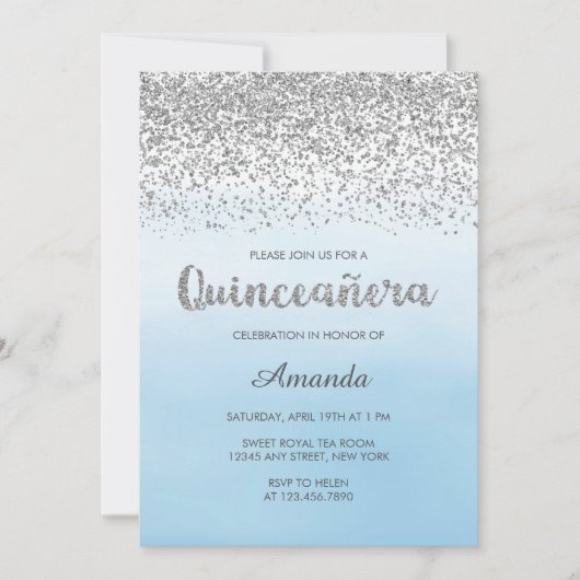 Waterverf Light Blue en Silver Glam Quinceañera Kaart (Voorkant)