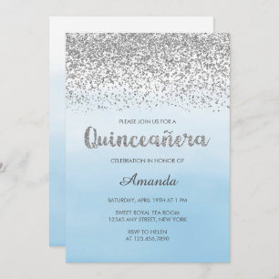 Waterverf Light Blue en Silver Glam Quinceañera Kaart