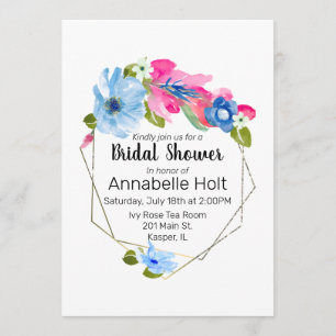 Waterverf Light Blue Hot Pink Floral Gold Lijst Kaart