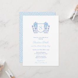 Waterverf Light Blue Monogram Boy Baby shower Kaart