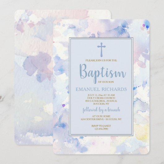 Waterverf Lijst Blauw Religieuze Uitnodiging (Voorkant / Achterkant)