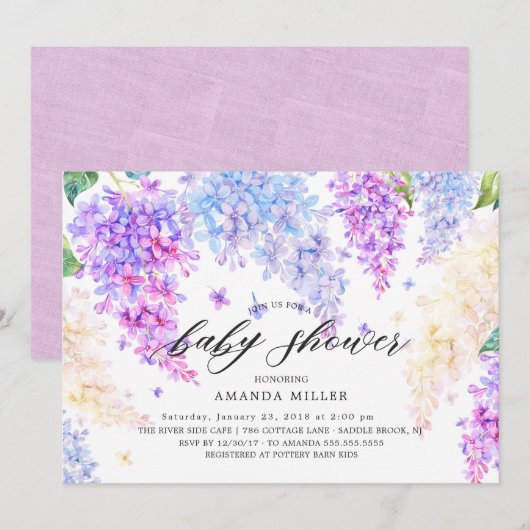 Waterverf Lila Baby shower Uitnodiging (Voorkant / Achterkant)