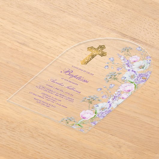 Waterverf Lila Bloemen Boog Doop Acryl Uitnodigingen (Laagn)