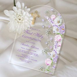 Waterverf Lila Bloemen Boog Eerste Communie Acryl Uitnodigingen