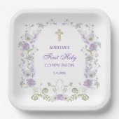 Waterverf Lila Bloemen Boog Eerste Communie Papieren Bordje (Voorkant)