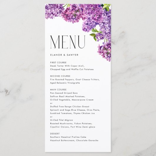 Waterverf Lila Bloemen Botanische Bruiloft Menu (Voorkant)