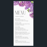Waterverf Lila Bloemen Botanische Bruiloft Menu<br><div class="desc">Voeg met deze aanpasbare menukaart een bloemenaccent toe aan uw event tafellaag. Het beschikt over waterverf lila bloemen en een moderne typografie. Personaliseer door datum en maaltijdkeuze toe te voegen. Deze bloemenmenukaart is perfect voor lentebruiloften,  baby showers,  vrijgezellenfeesten,  verjaardagen en meer.</div>