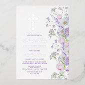 Waterverf Lila Bloemen Eerste Communie Folie Uitnodiging (Voorkant)