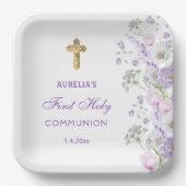 Waterverf Lila Bloemen Eerste Communie Papieren Bordje (Voorkant)