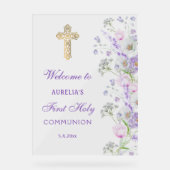 Waterverf Lila Bloemen Eerste Communie Welkom Acryl Bord (Voorkant)